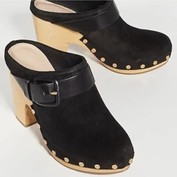 VERONICA BEARD Dacey Clogs Buckled Strap Studded Black Suede Wooden Heel Mule - Picture 9 of 9